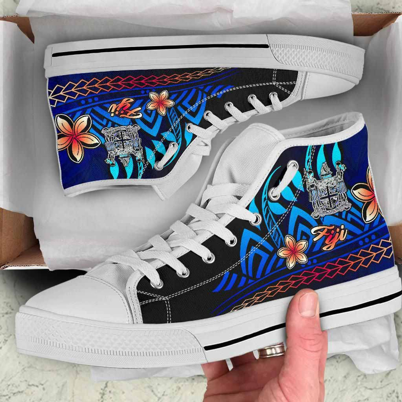 Fiji High Top Shoes Blue - Vintage Tribal Mountain Crest 10