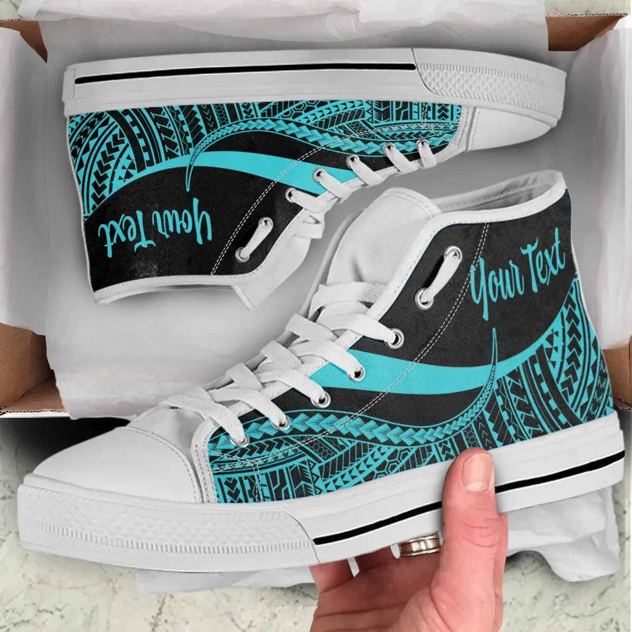 Tahiti Custom Personalised High Top Shoes Turquoise - Polynesian Tentacle Tribal Pattern 5