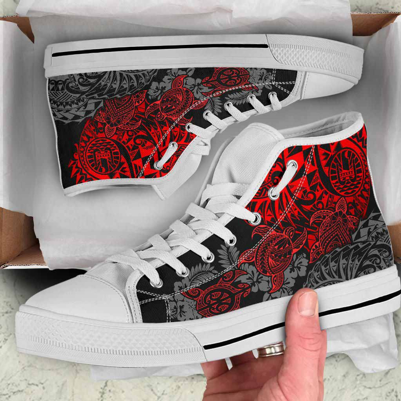 Tahiti Polynesian High Top Shoes - Red Turtle Hibiscus Flowing 10