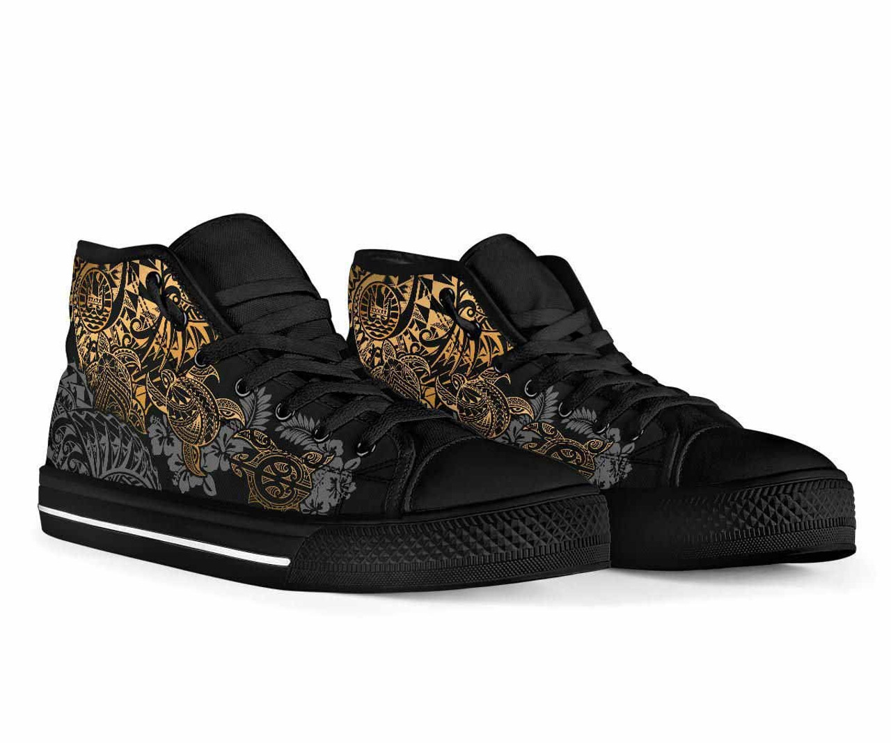 Tahiti Polynesian High Top Shoes - Gold Turtle Hibiscus Flowing 2