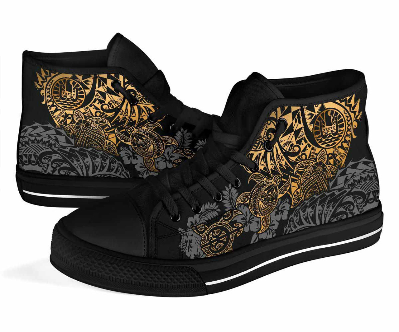 Tahiti Polynesian High Top Shoes - Gold Turtle Hibiscus Flowing 3