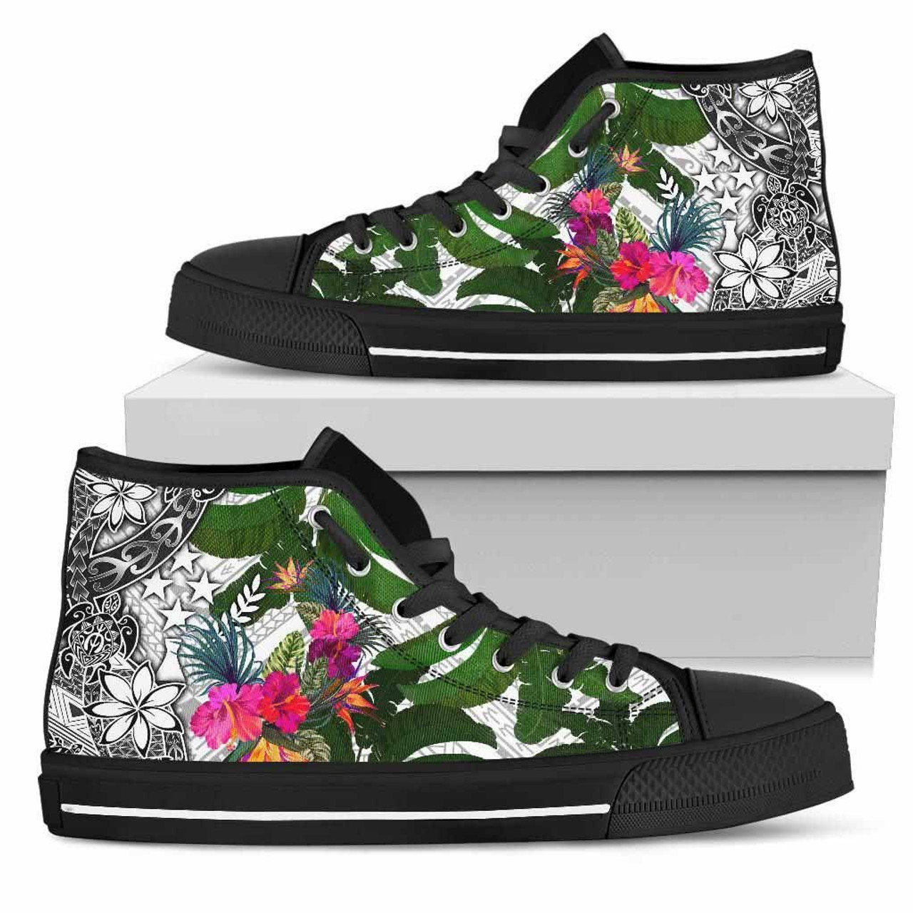 Kosrae High Top Shoes White - Turtle Plumeria Banana Leaf 1