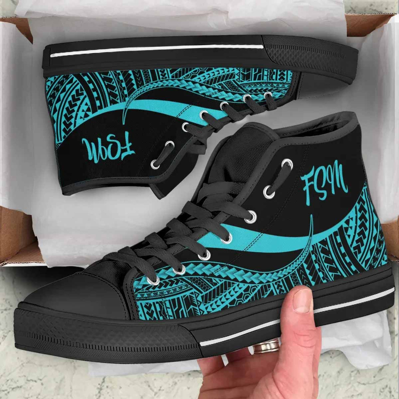 Federated States of Micronesia High Top Shoes Turquoise - Polynesian Tentacle Tribal Pattern 1
