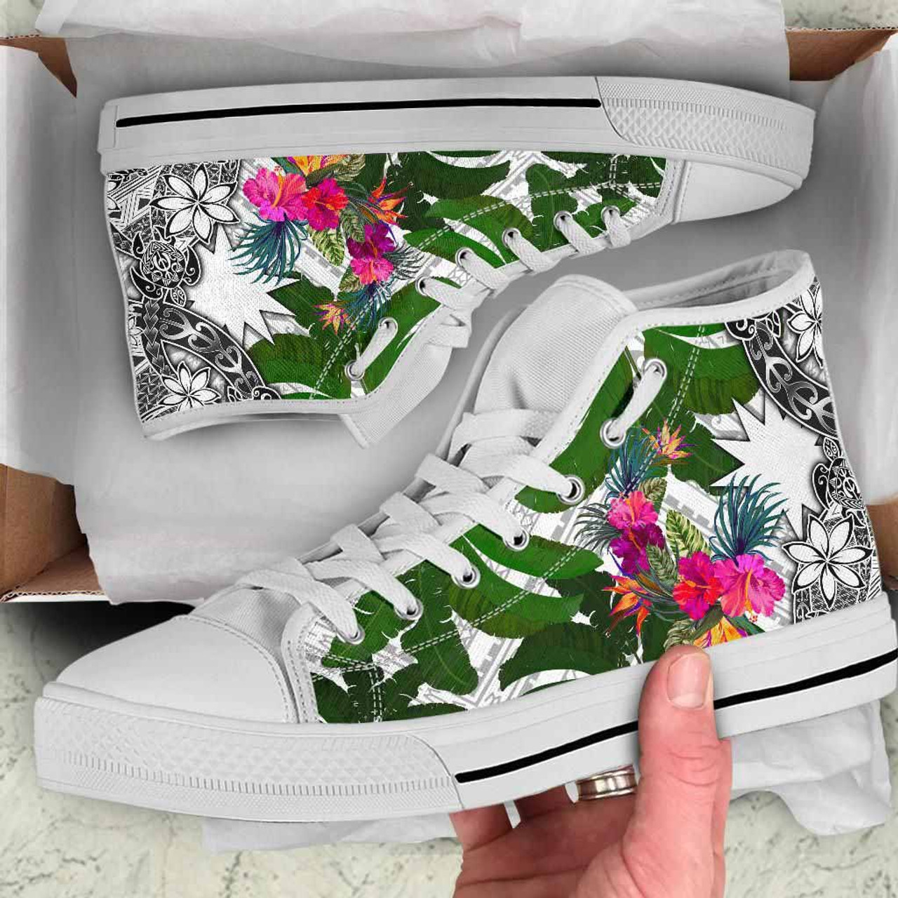 Nauru High Top Shoes White - Turtle Plumeria Banana Leaf 10