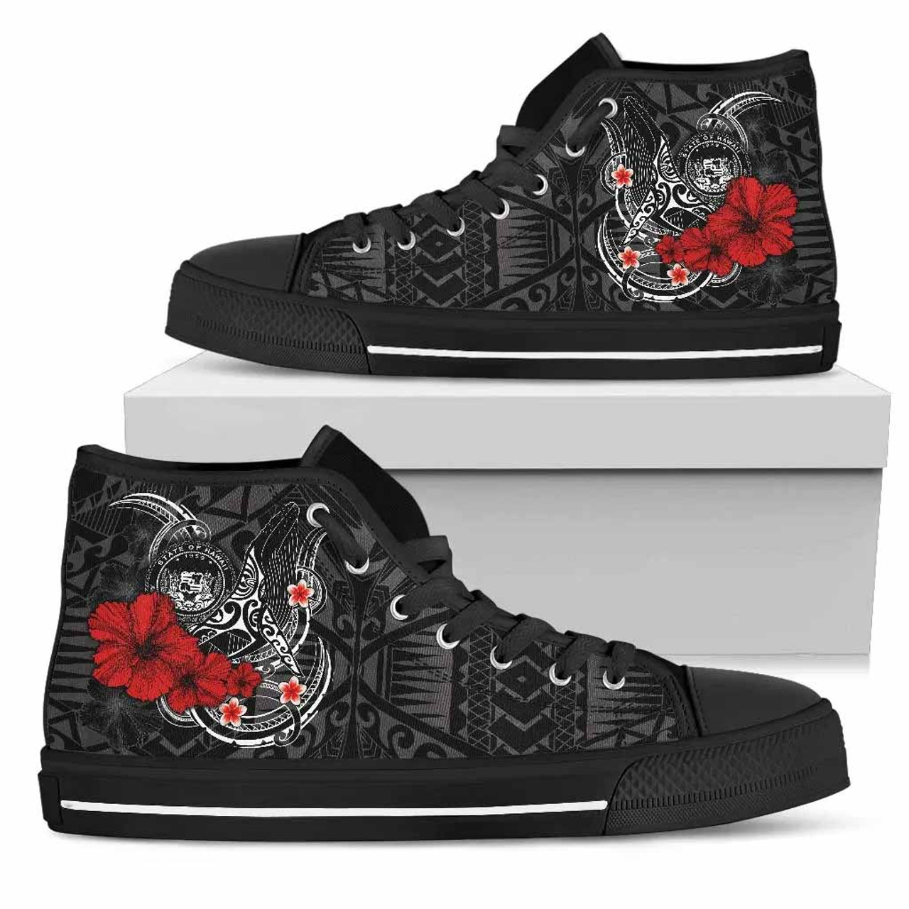 Polynesian Hawaii High Top Shoes - Humpback Whale with Hibiscus (White) 1