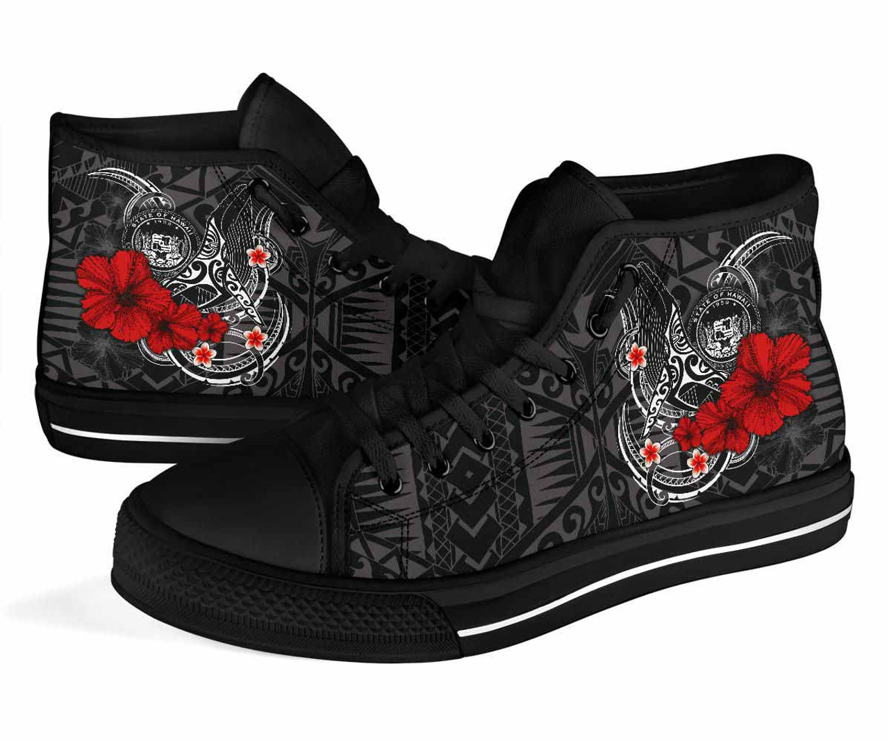 Polynesian Hawaii High Top Shoes - Humpback Whale with Hibiscus (White) 3