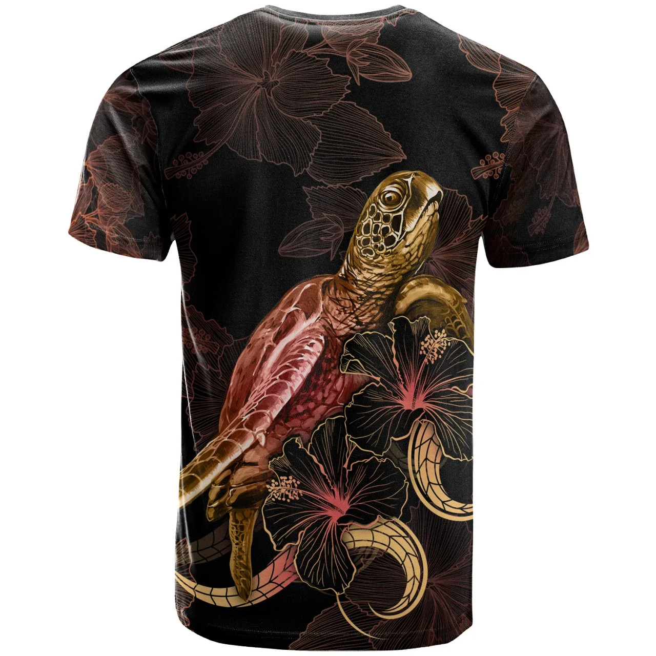 FIJI Polyneisan T-Shirt - Turtle With Blooming Hibiscus Gold 2
