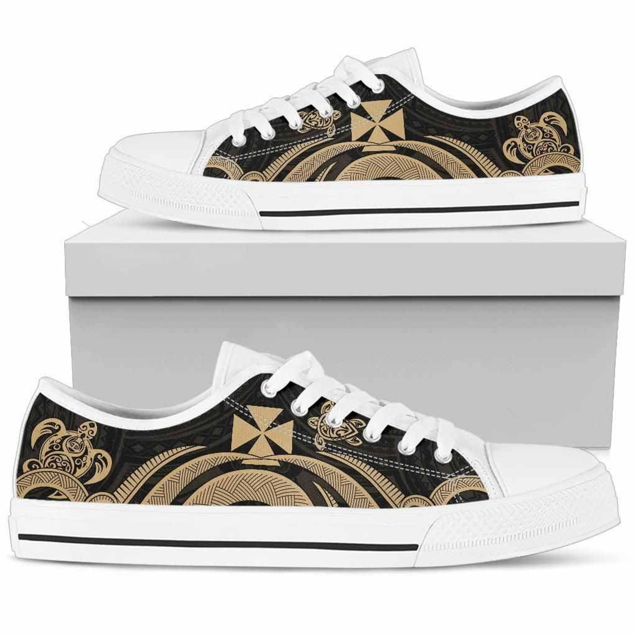 Wallis and Futuna Low Top Canvas Shoes - Gold Tentacle Turtle 6