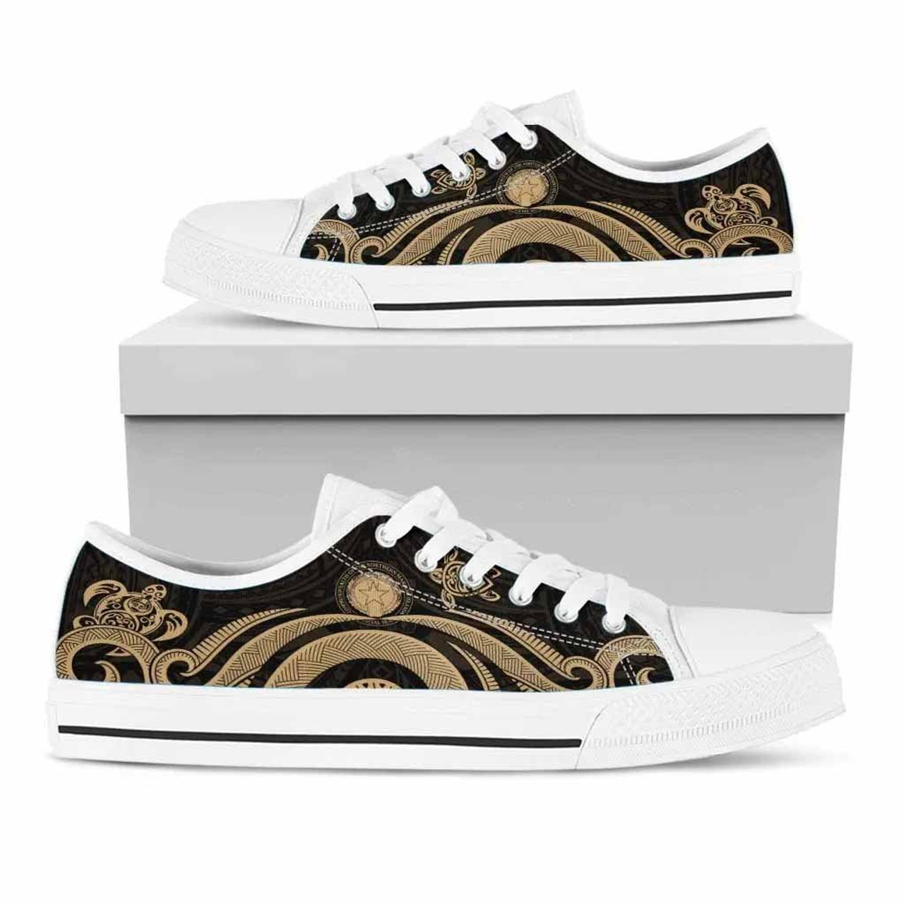 Northern Mariana Islands Low Top Canvas Shoes - Gold Tentacle Turtle 8