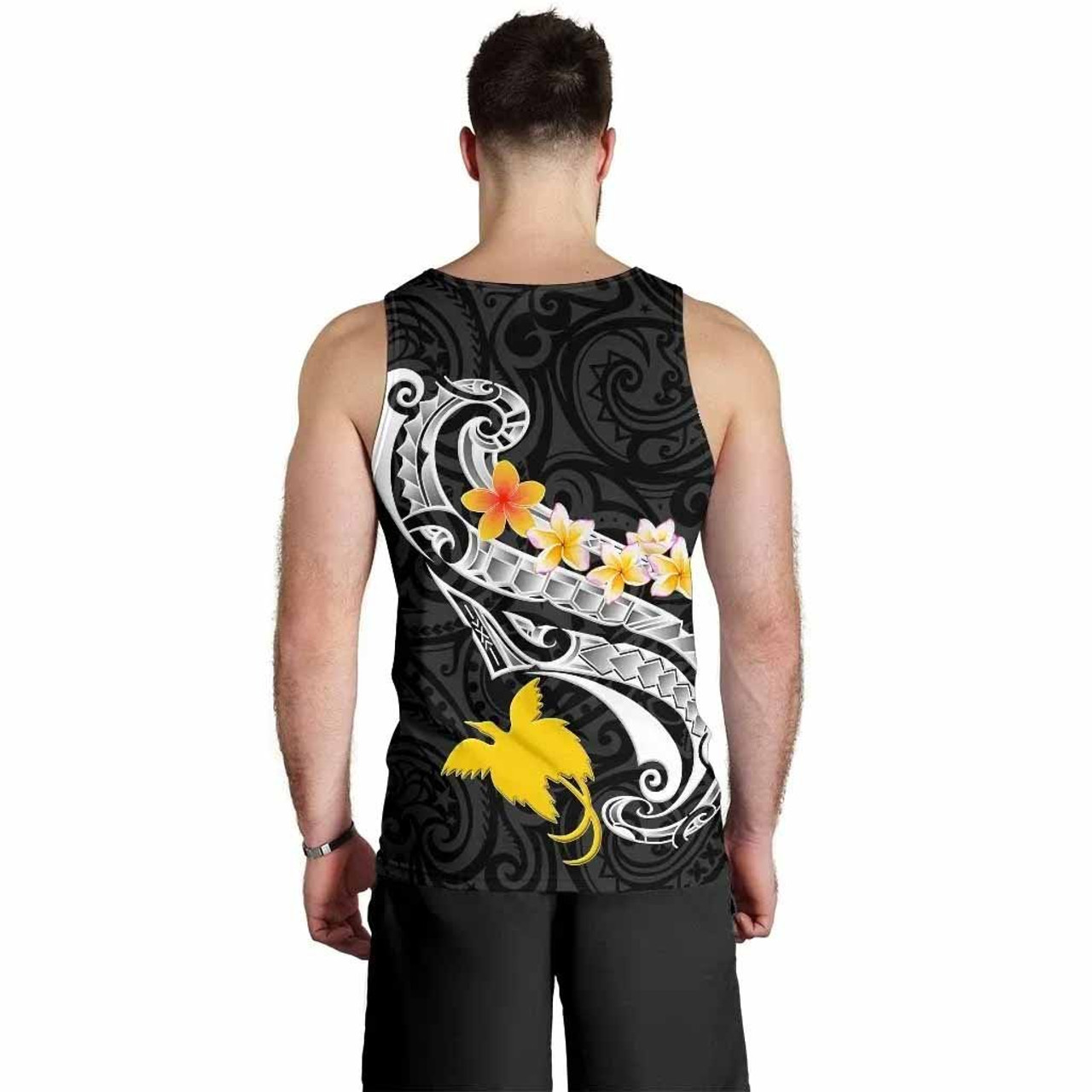 Papua New Guinea Custom Personalised Men Tank Top- PNG Seal Polynesian Patterns Plumeria (Black) 3