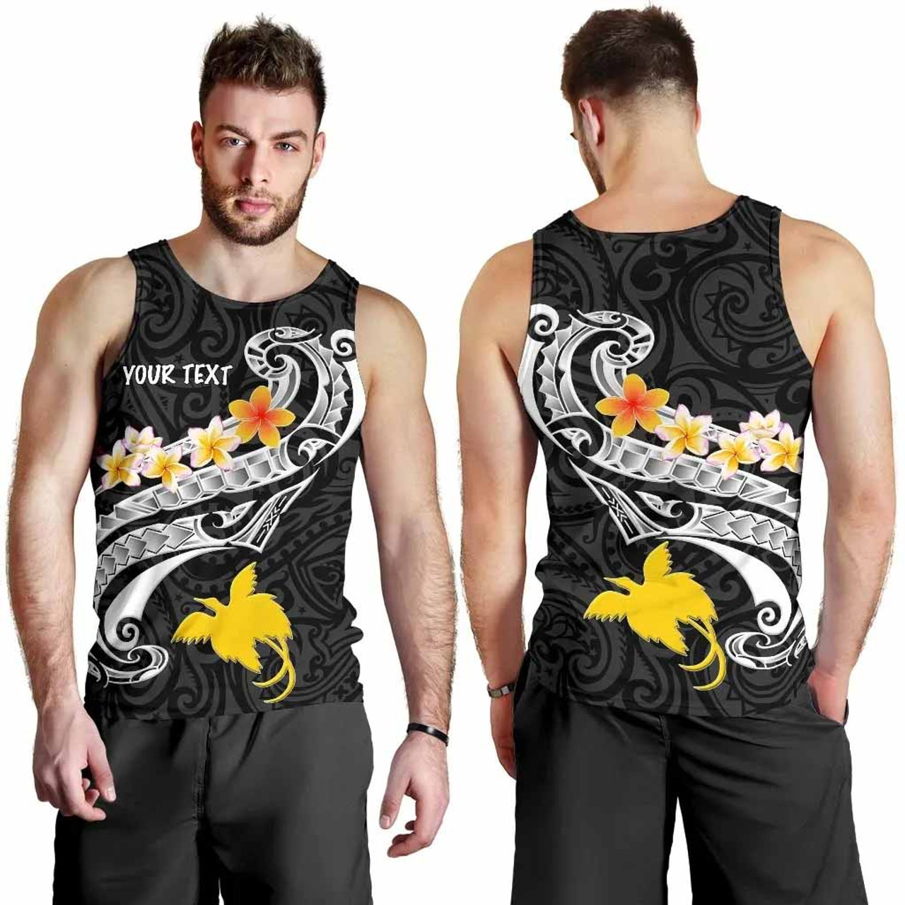 Papua New Guinea Custom Personalised Men Tank Top- PNG Seal Polynesian Patterns Plumeria (Black) 4