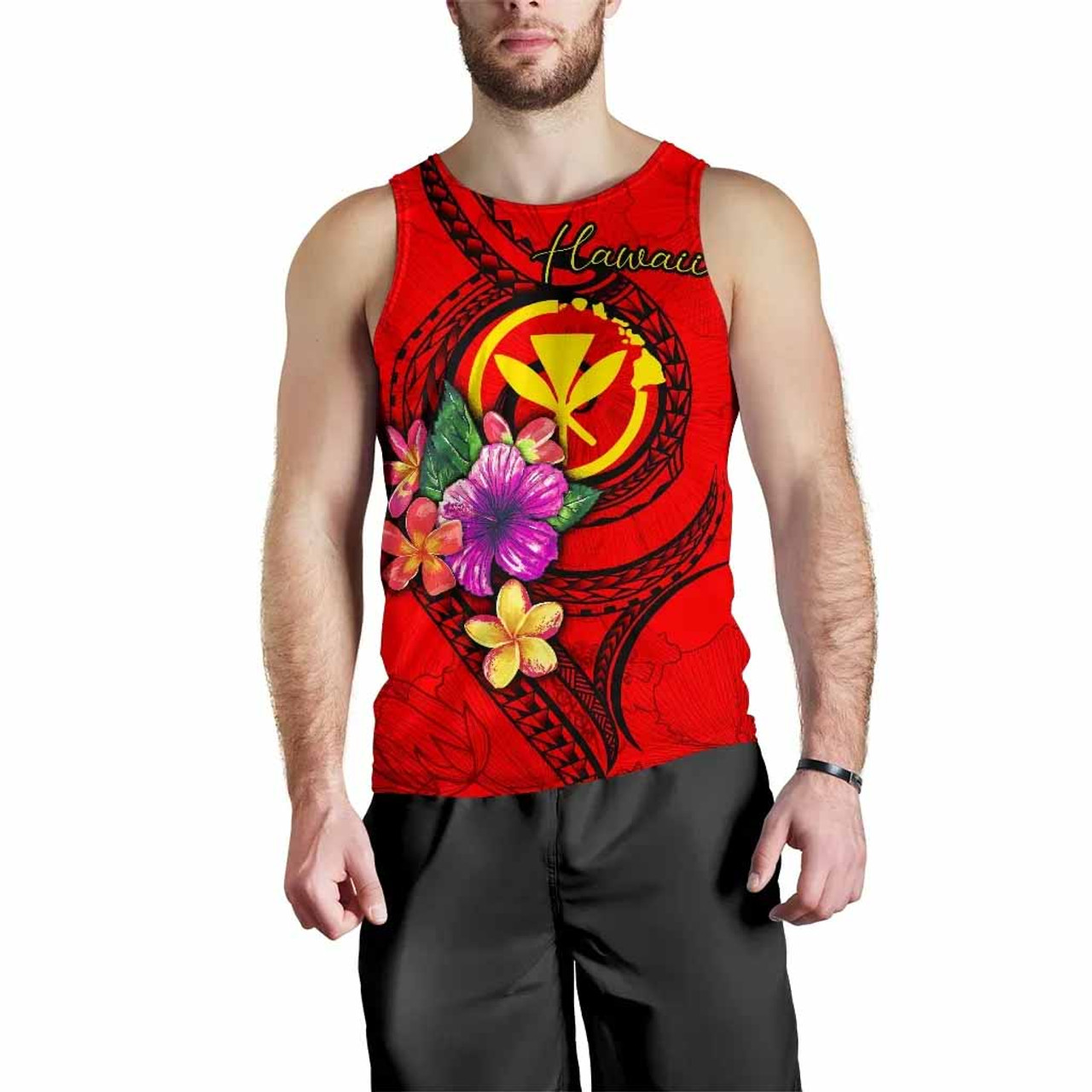 Hawaii Polynesian Men Tank Top - Floral With Seal Red 1