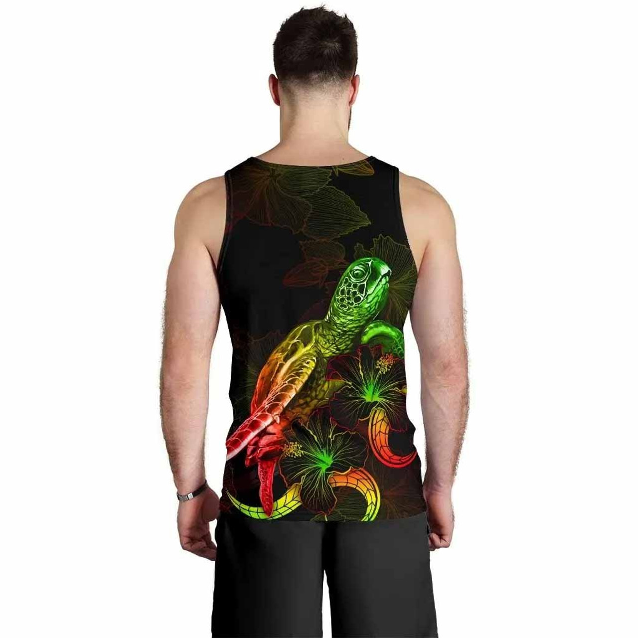 Cook Islands Polynesian Men Tank Top - Turtle With Blooming Hibiscus Reggae 3