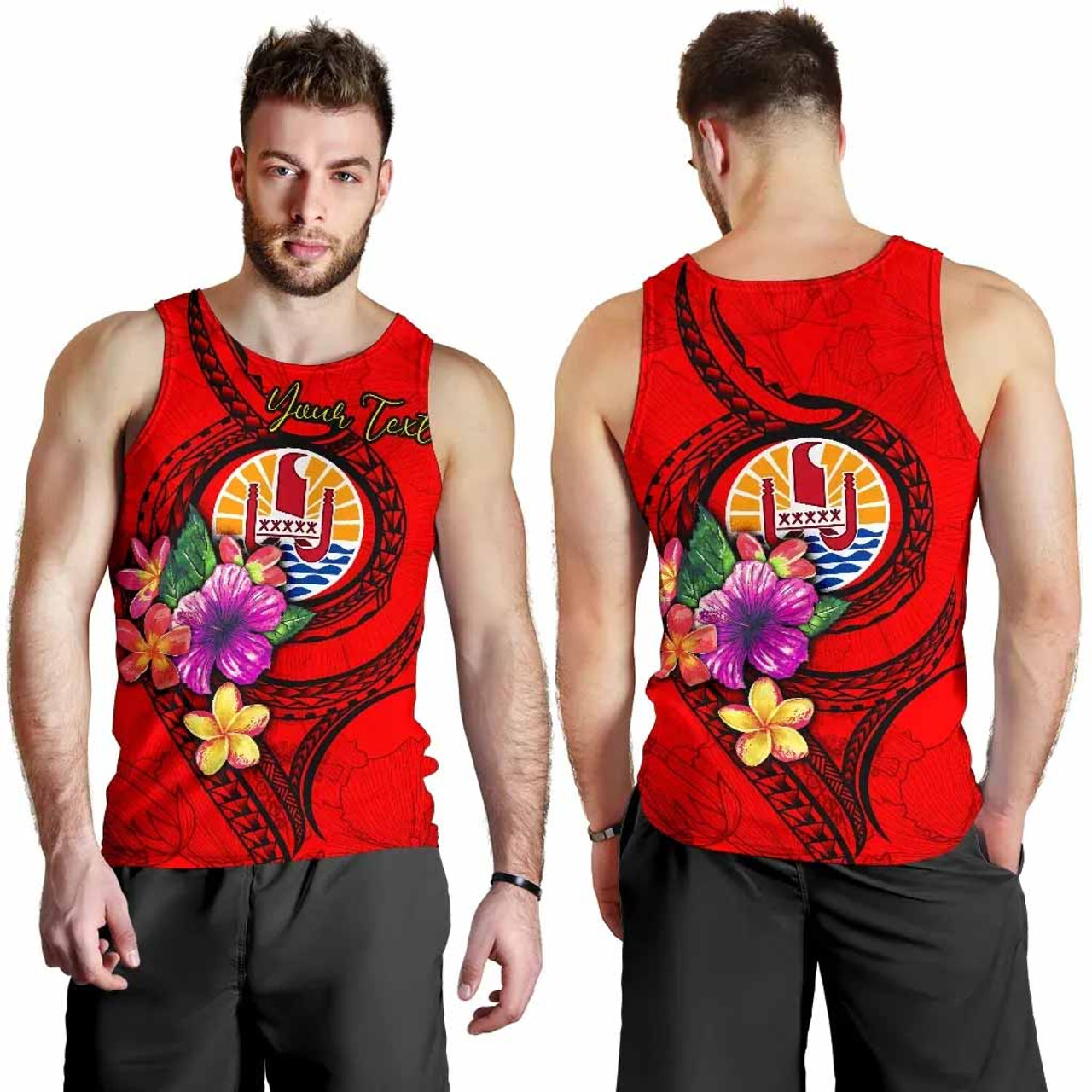 Tahiti Polynesian Custom Personalised Men Tank Top - Floral With Seal Red 1