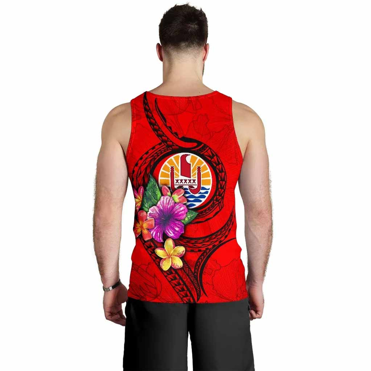 Tahiti Polynesian Custom Personalised Men Tank Top - Floral With Seal Red 3