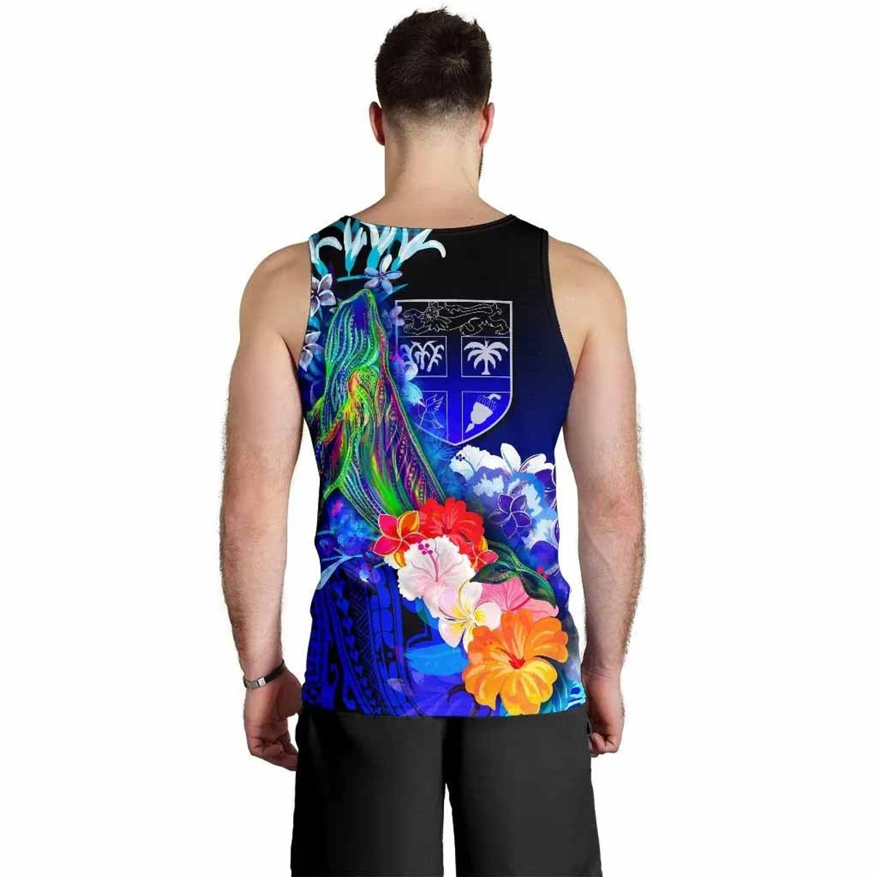 Fiji Men Tank Top - Humpback Whale with Tropical Flowers (Blue) 3