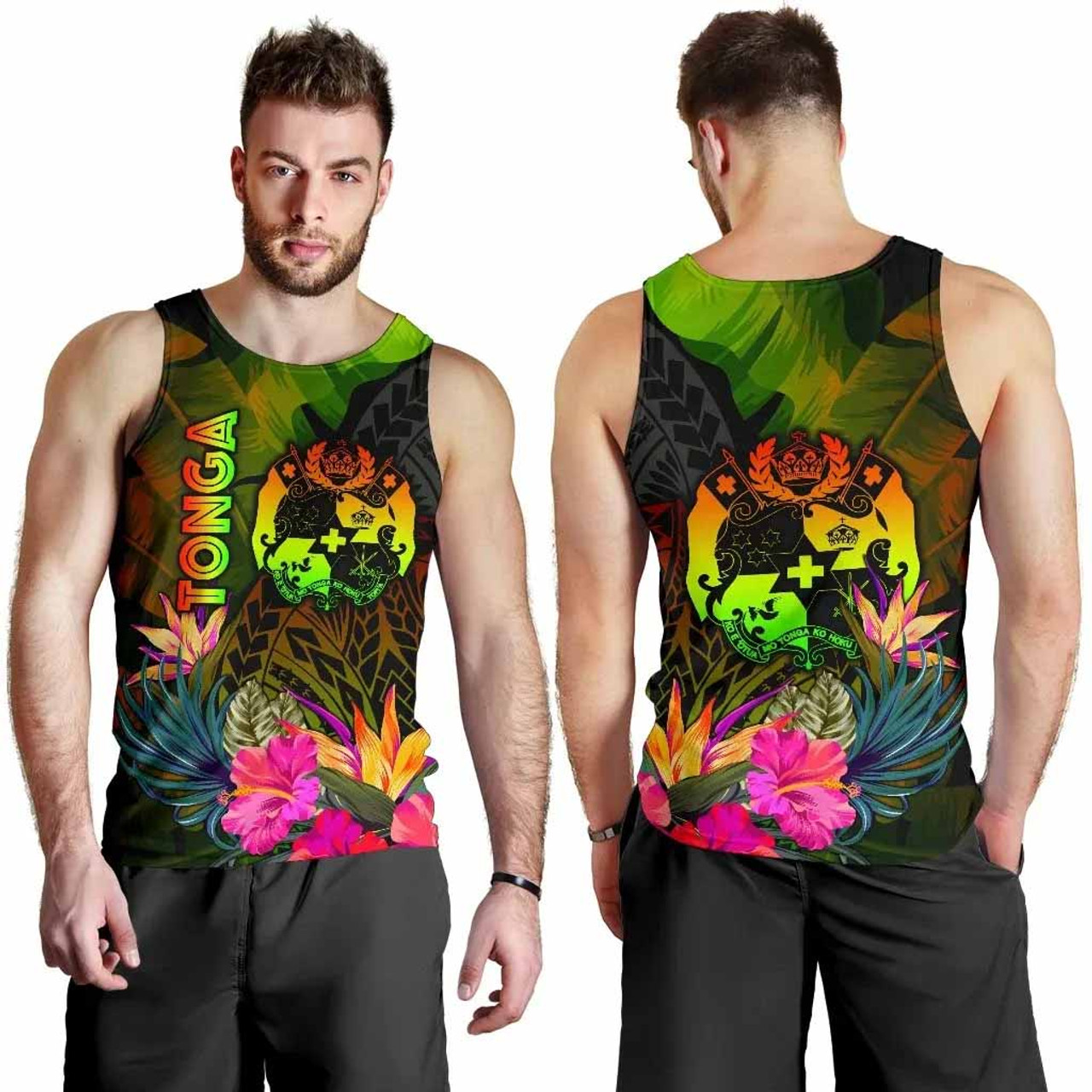 Tonga Polynesian Men Tank Top - Hibiscus and Banana Leaves 4