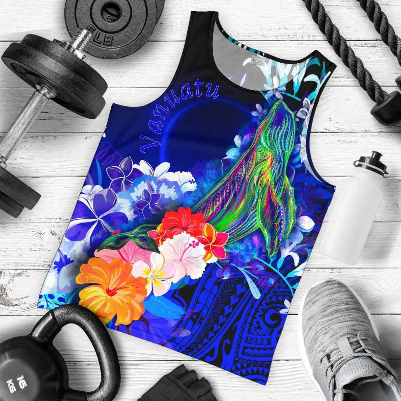 Vanuatu Custom Personalised Men Tank Top - Humpback Whale with Tropical Flowers (Blue) 1