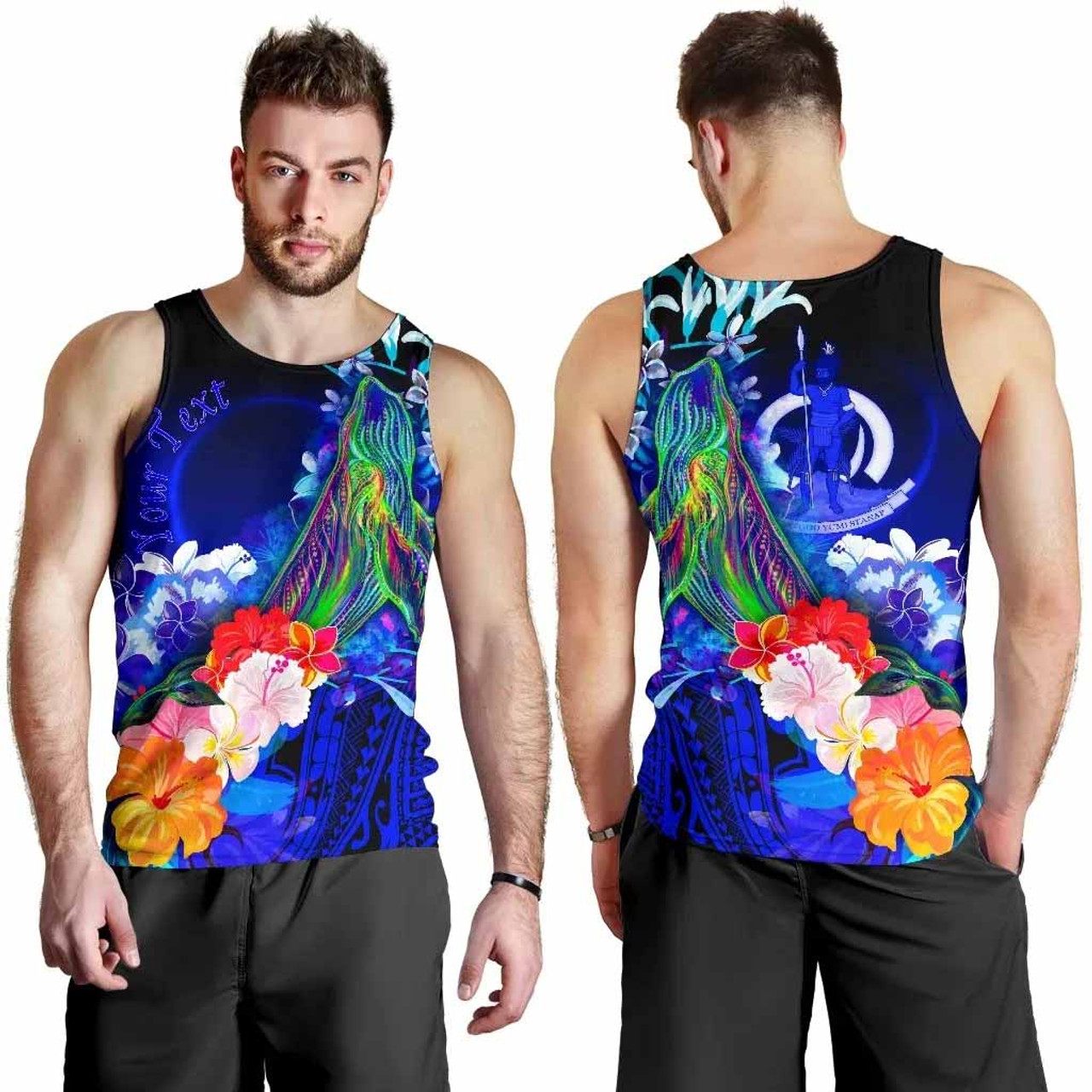 Vanuatu Custom Personalised Men Tank Top - Humpback Whale with Tropical Flowers (Blue) 4