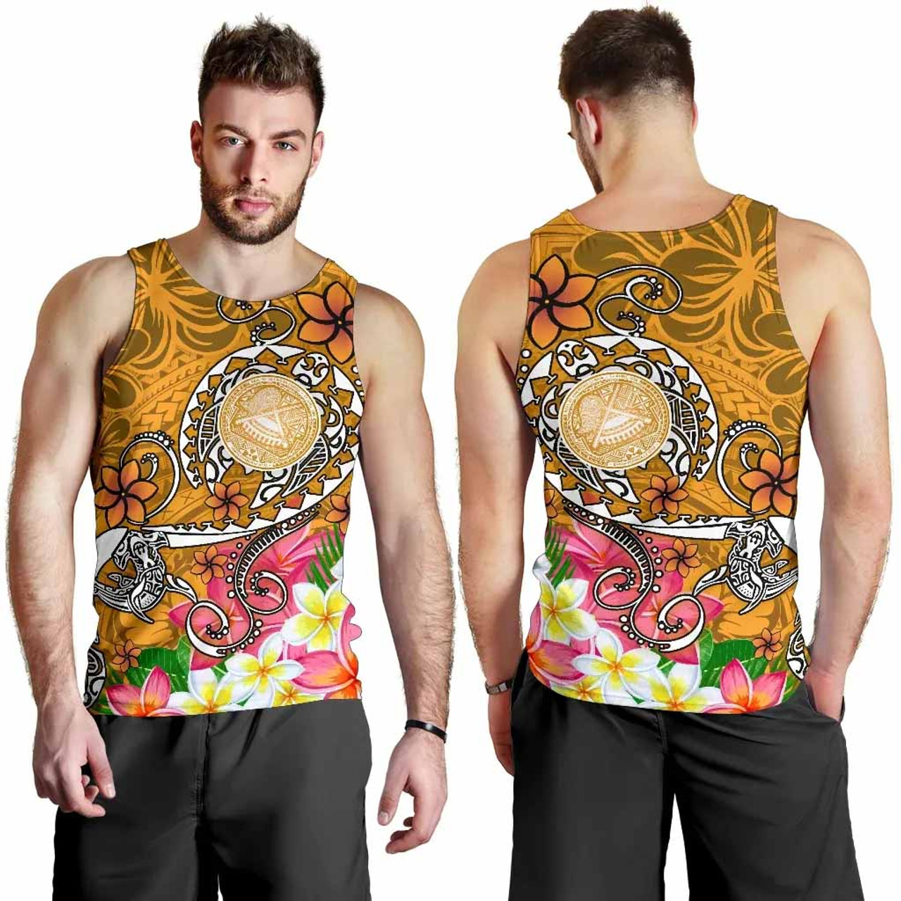 American Samoa Polynesian Men Tank Top - Turtle Plumeria (Gold) 1