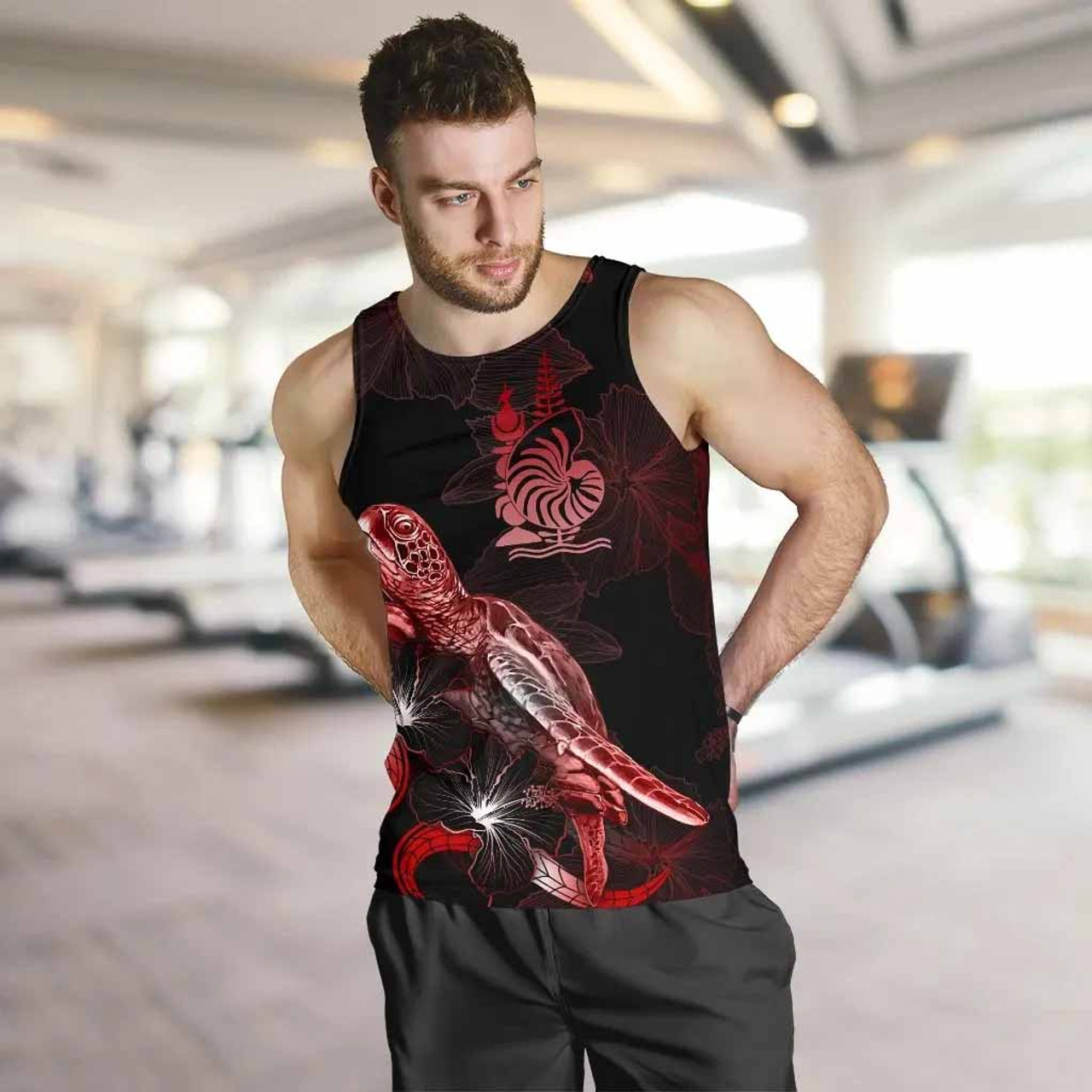 New Caledonia Men Tank Top - Turtle With Blooming Hibiscus Red 2