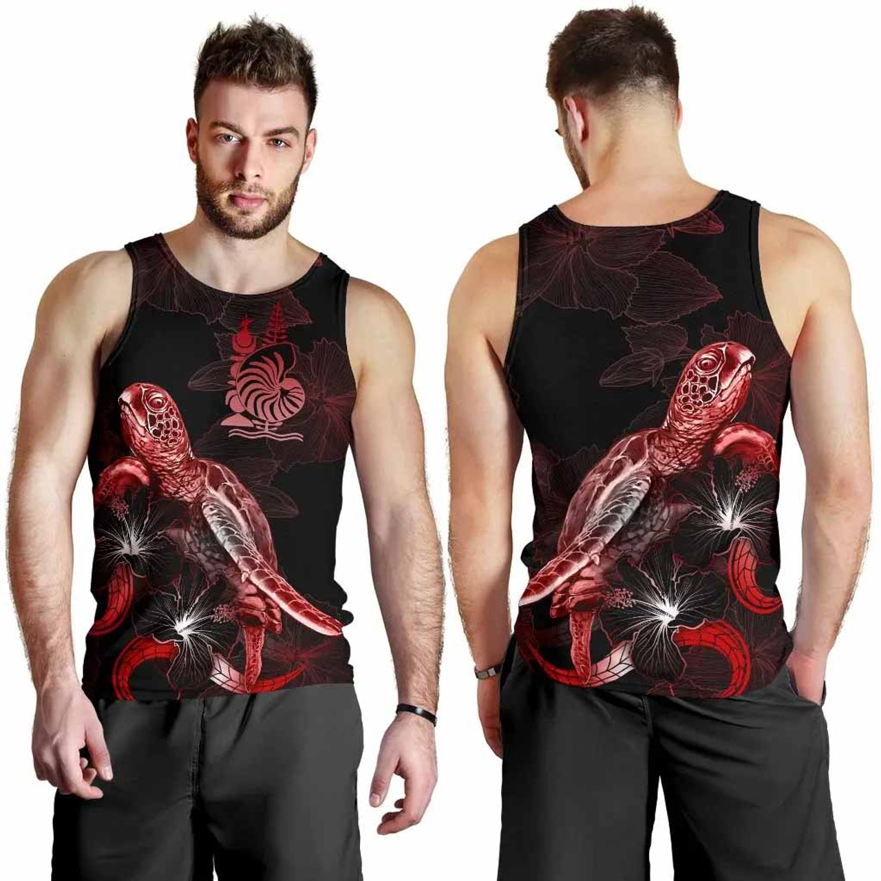 New Caledonia Men Tank Top - Turtle With Blooming Hibiscus Red 4