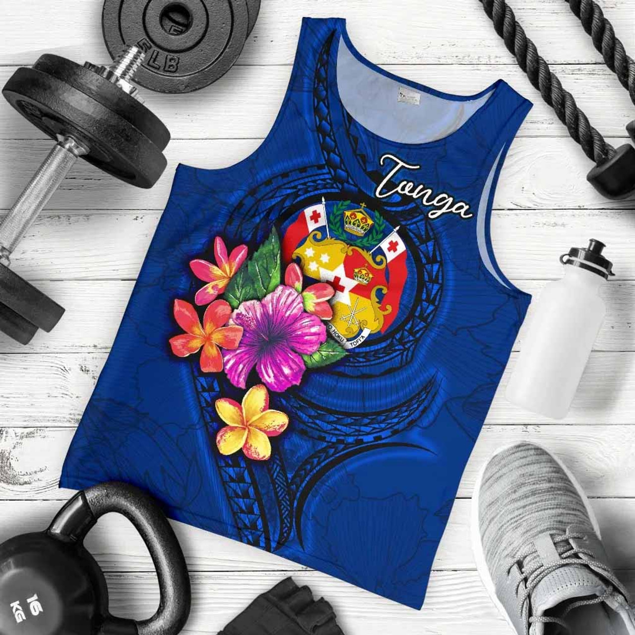 Tonga Polynesian Men Tank Top - Floral With Seal Blue 5