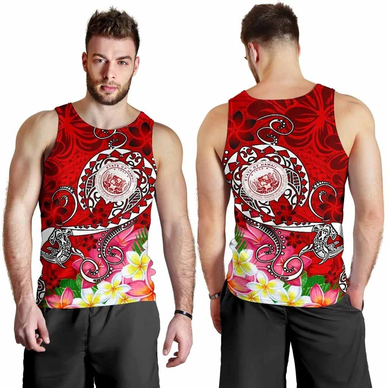 Hawaii Polynesian Men Tank Top - Hawaii Seal With Turtle Plumeria (Red) 1