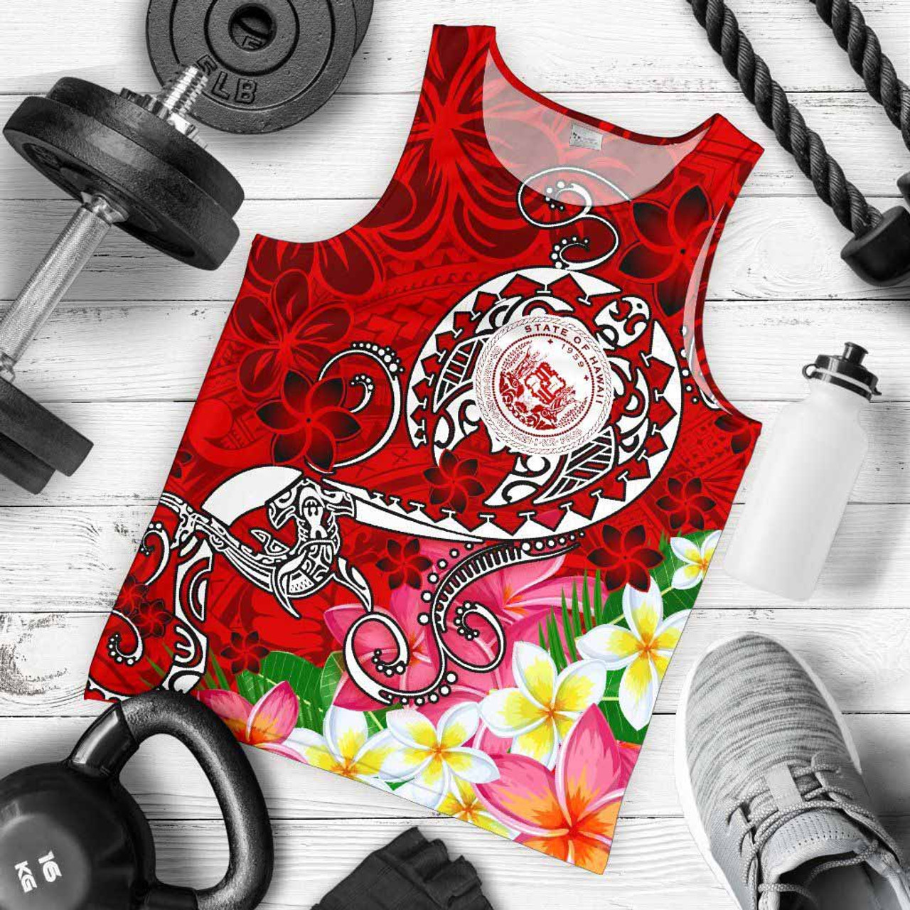 Hawaii Polynesian Men Tank Top - Hawaii Seal With Turtle Plumeria (Red) 2