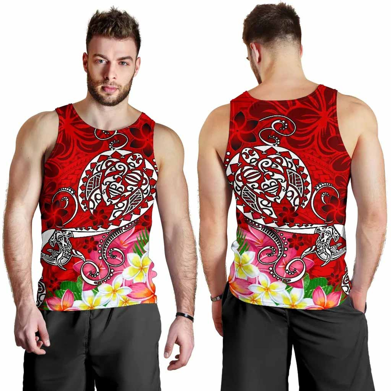 Polynesian Men Tank Top - Turtle Plumeria Red Color 4