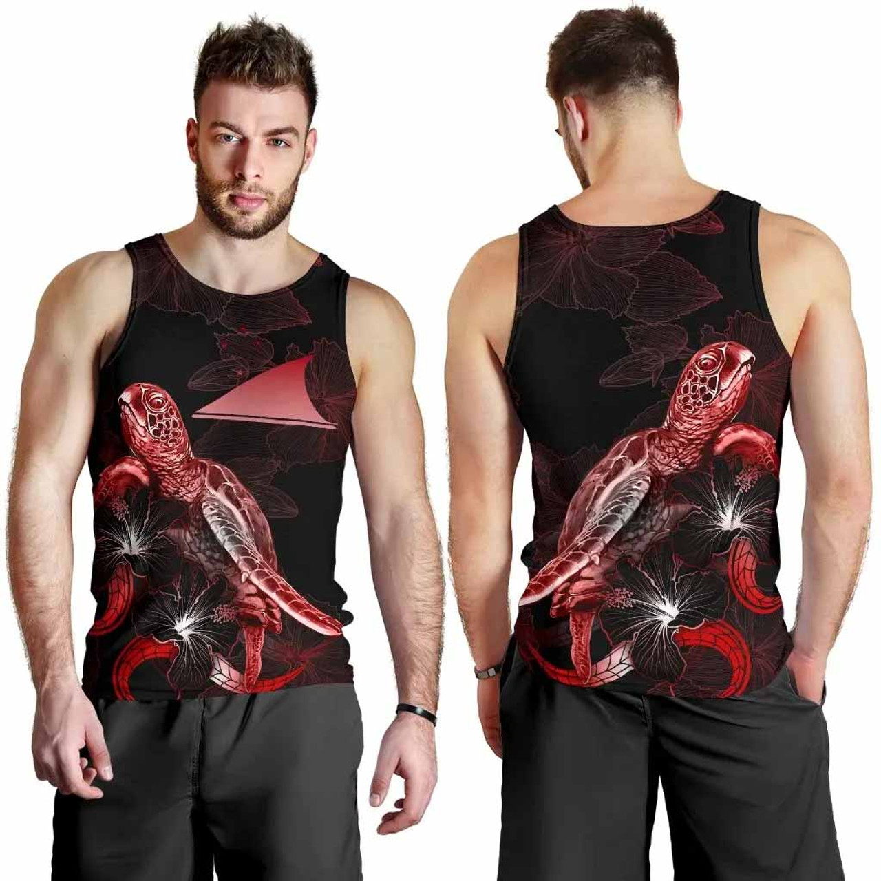 Tokelau Men Tank Top - Turtle With Blooming Hibiscus Red 3