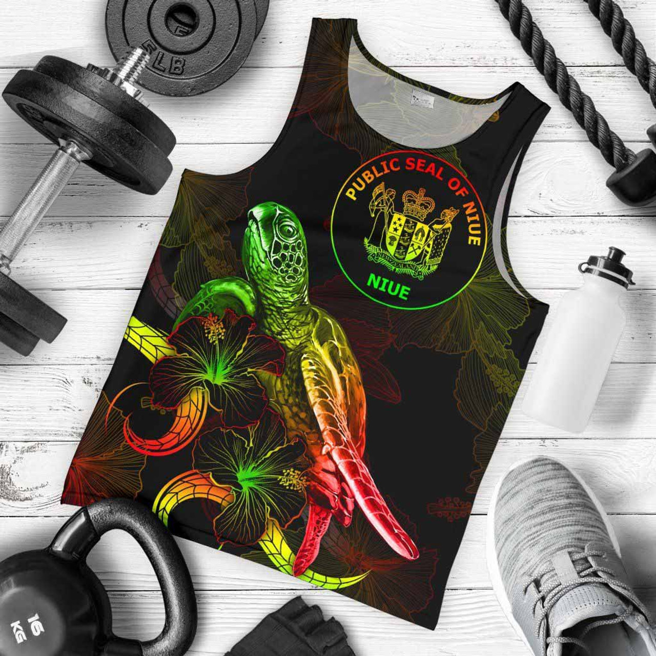 Niue Polynesian Men Tank Top - Turtle With Blooming Hibiscus Reggae 1