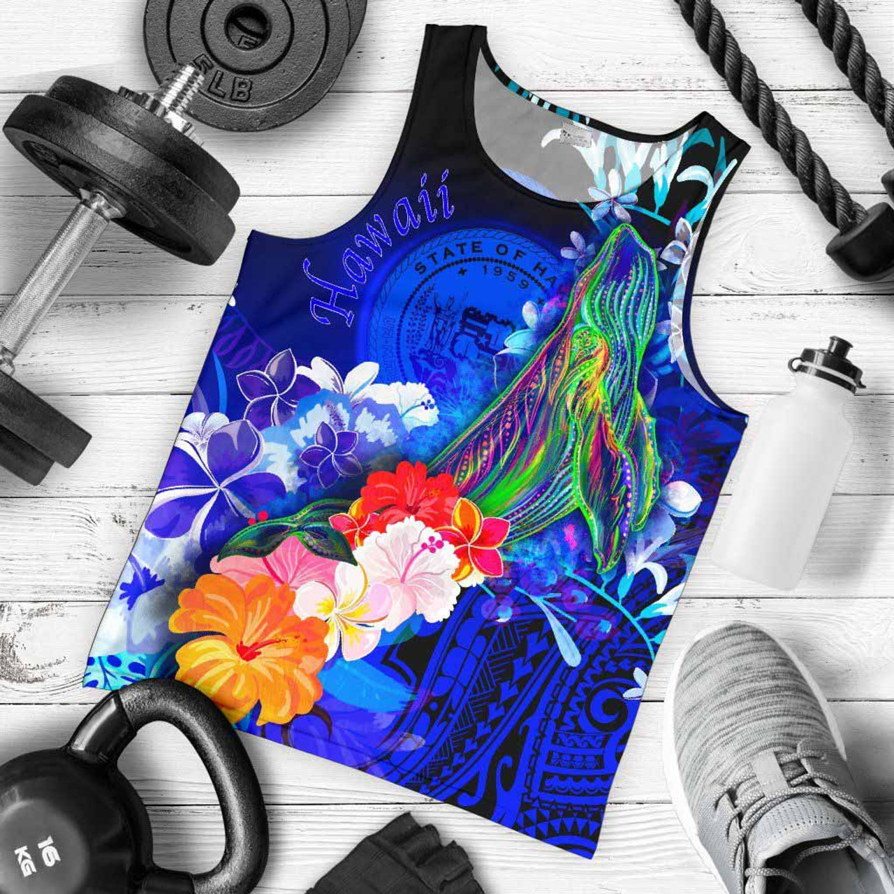 Polynesian Hawaii Men Tank Top - Humpback Whale with Tropical Flowers (Blue) 1