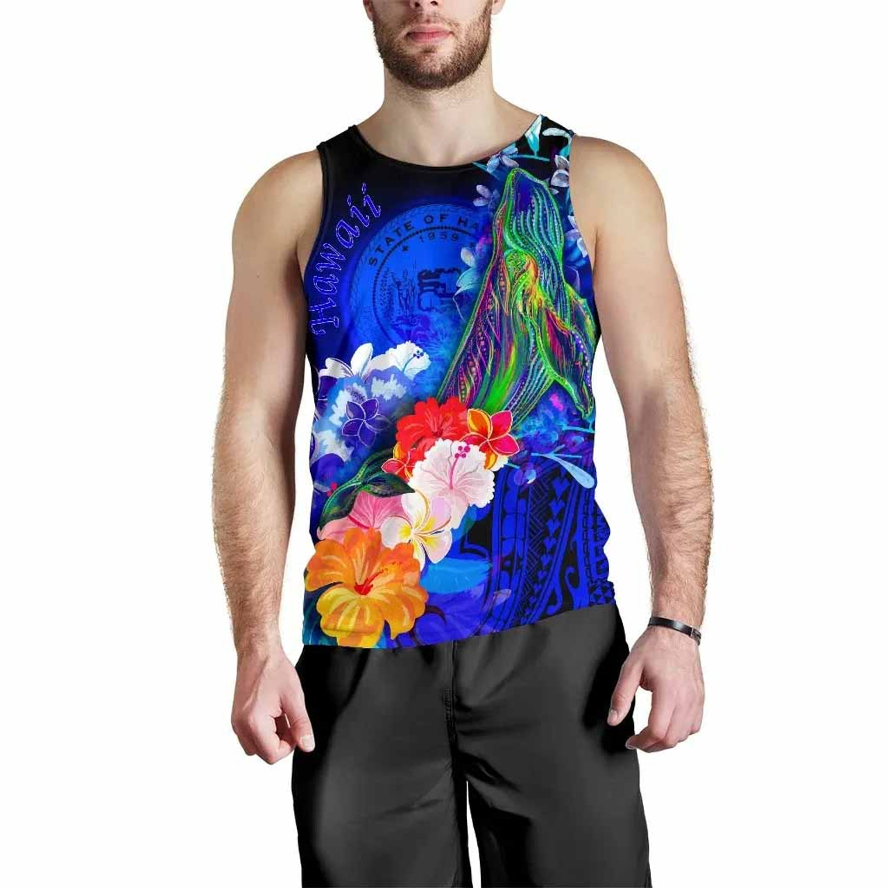 Polynesian Hawaii Men Tank Top - Humpback Whale with Tropical Flowers (Blue) 2