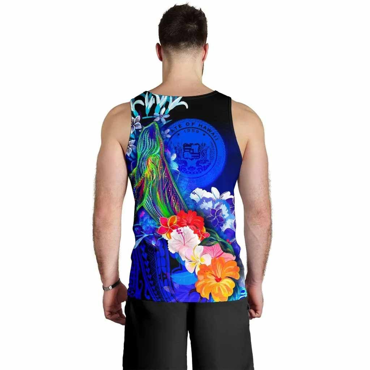Polynesian Hawaii Men Tank Top - Humpback Whale with Tropical Flowers (Blue) 3