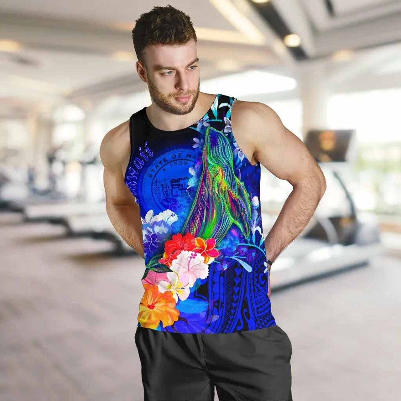Polynesian Hawaii Men Tank Top - Humpback Whale with Tropical Flowers (Blue) 5