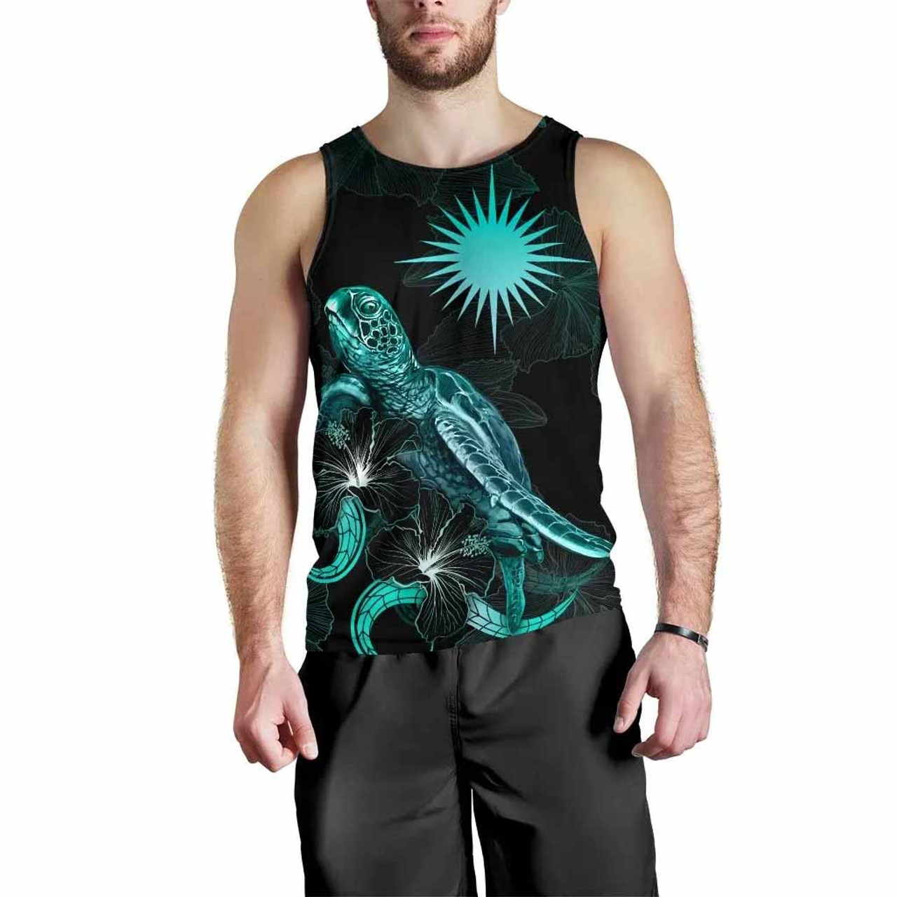 Marshall Islands Polynesian Men Tank Top - Turtle With Blooming Hibiscus Tuquoise 2