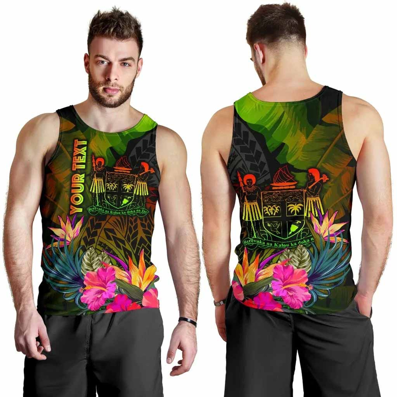 Fiji Polynesian Personalised Men Tank Top - Hibiscus and Banana Leaves 4