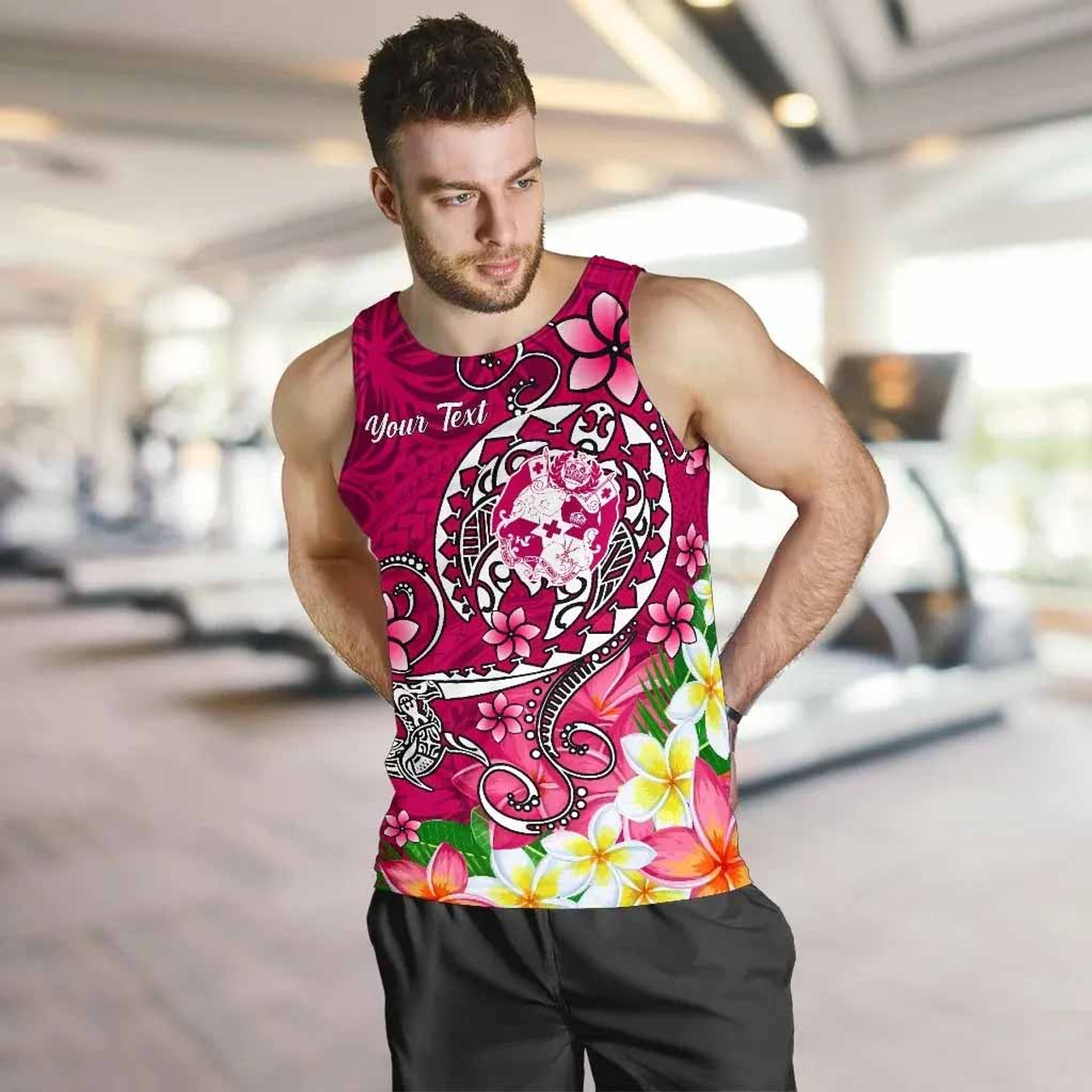 Tonga Custom Personalised Men Tank Top - Turtle Plumeria (Pink) 1