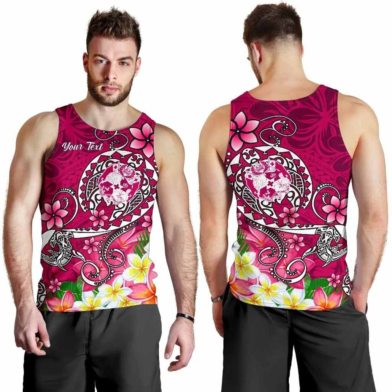 Tonga Custom Personalised Men Tank Top - Turtle Plumeria (Pink) 5