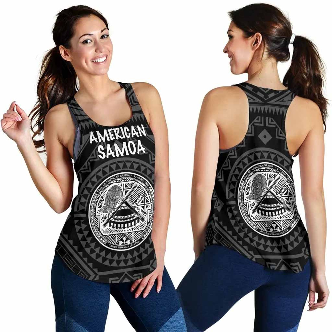 American Samoa Women Racerback Tank - Seal In Polynesian Tattoo Style (Black) 5