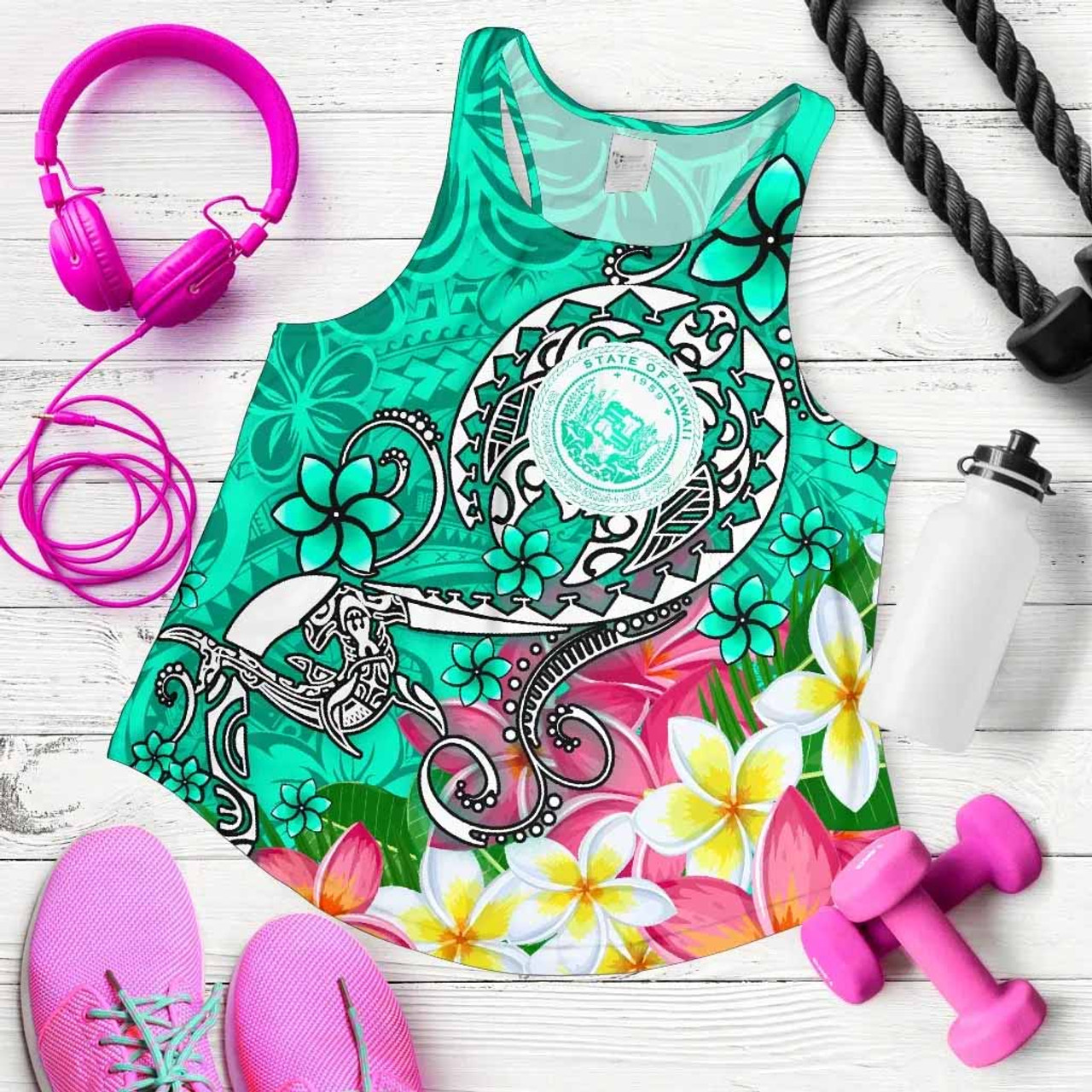 Hawaii Polynesian Women Racerback Tank - Hawaii Seal With Turtle Plumeria (Turquoise) 2