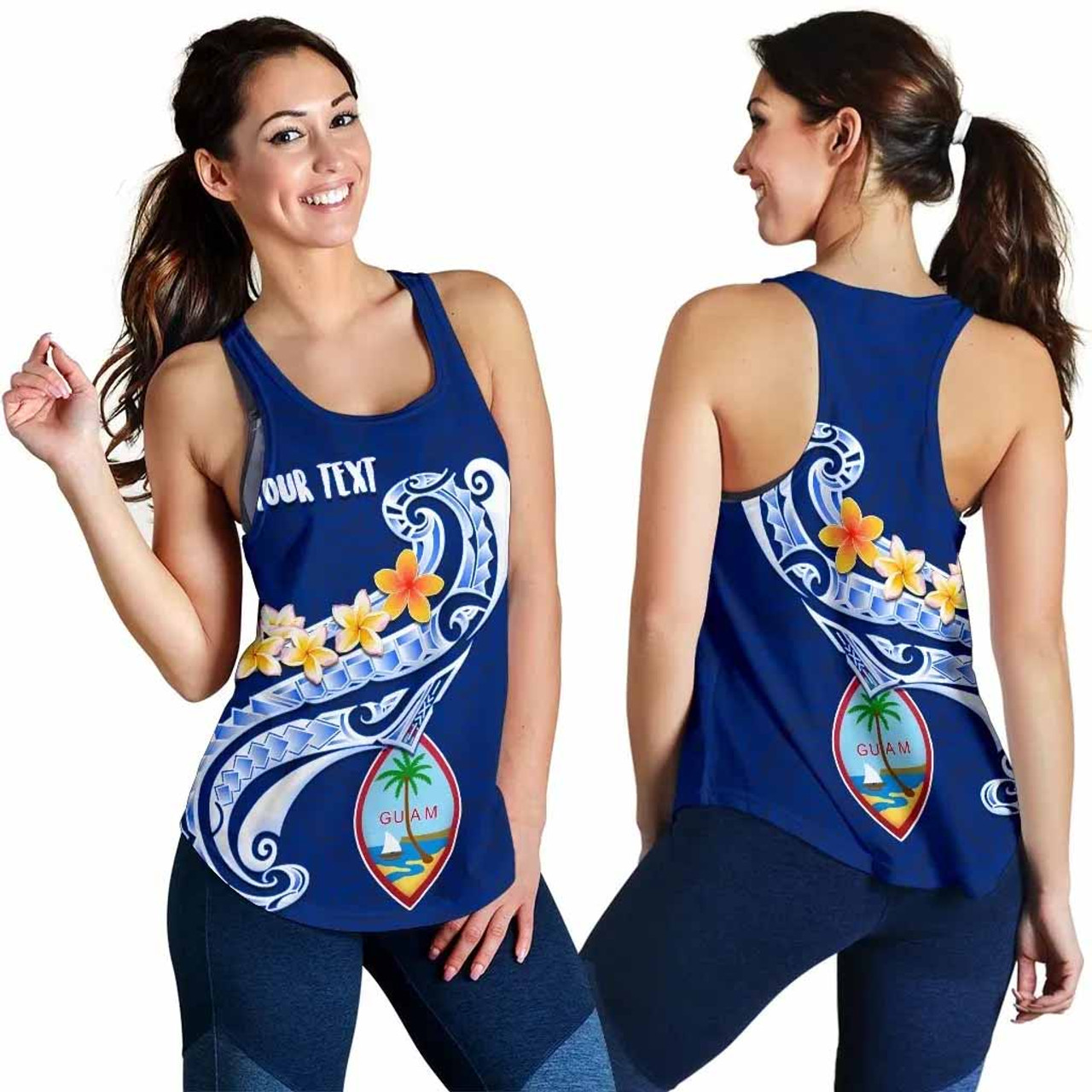 Guam Personalised Women Racerback Tank - Guam Seal Polynesian Patterns Plumeria (Blue) 4