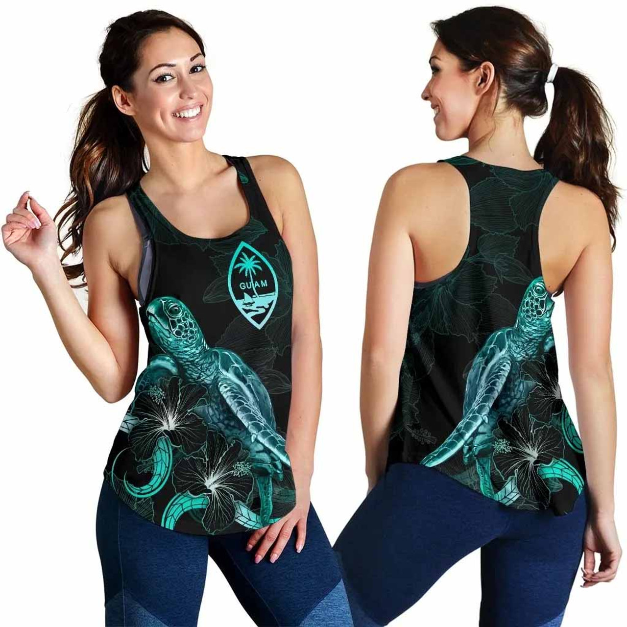 Guam Polynesian Women Tank Top - Turtle With Blooming Hibiscus Turquoise 4