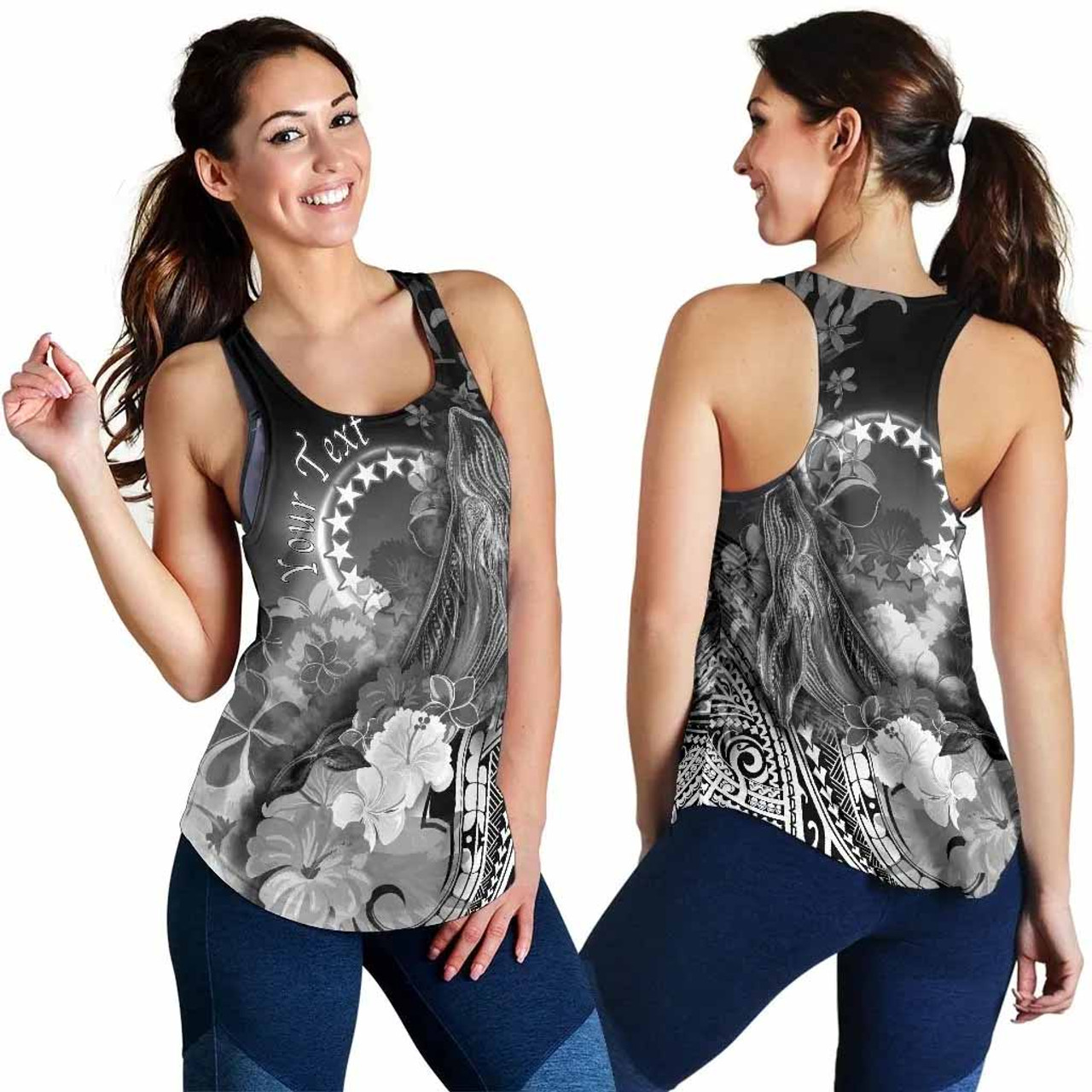 Cook Islands Custom Personalised Women Racerback Tank - Humpback Whale with Tropical Flowers (White) 4