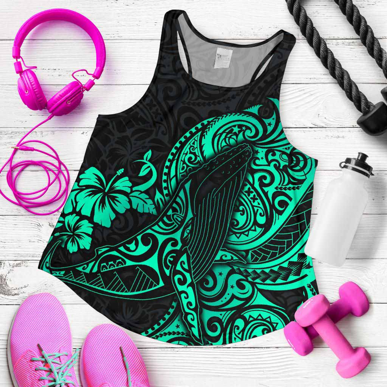 Polynesian Hawaii Women Racerback Tank - Polynesian Turquoise Humpback Whale 1