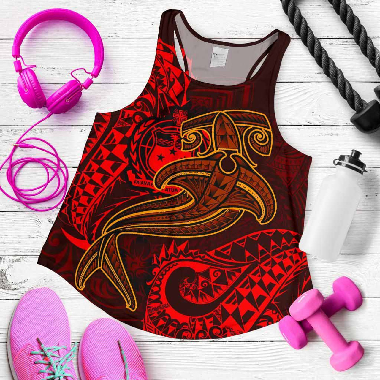 Samoa Women Racerback Tank - Red Shark Polynesian Tattoo 5