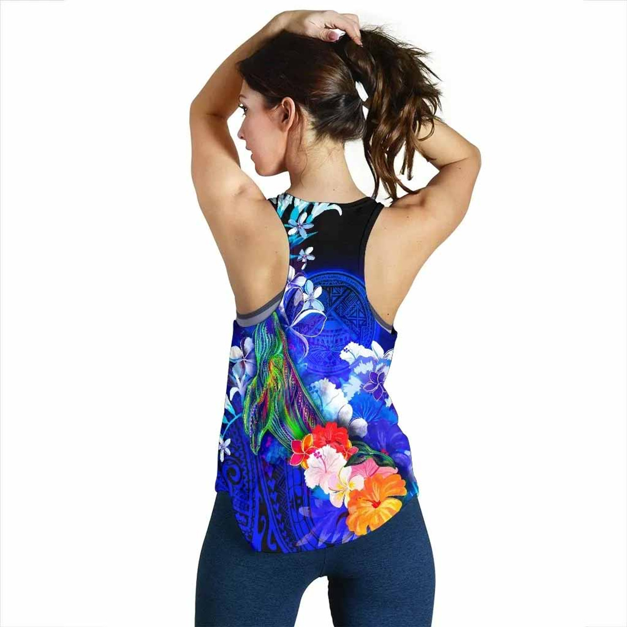 American Samoa Polynesian Women Racerback Tank - Humpback Whale with Tropical Flowers (Blue) 3