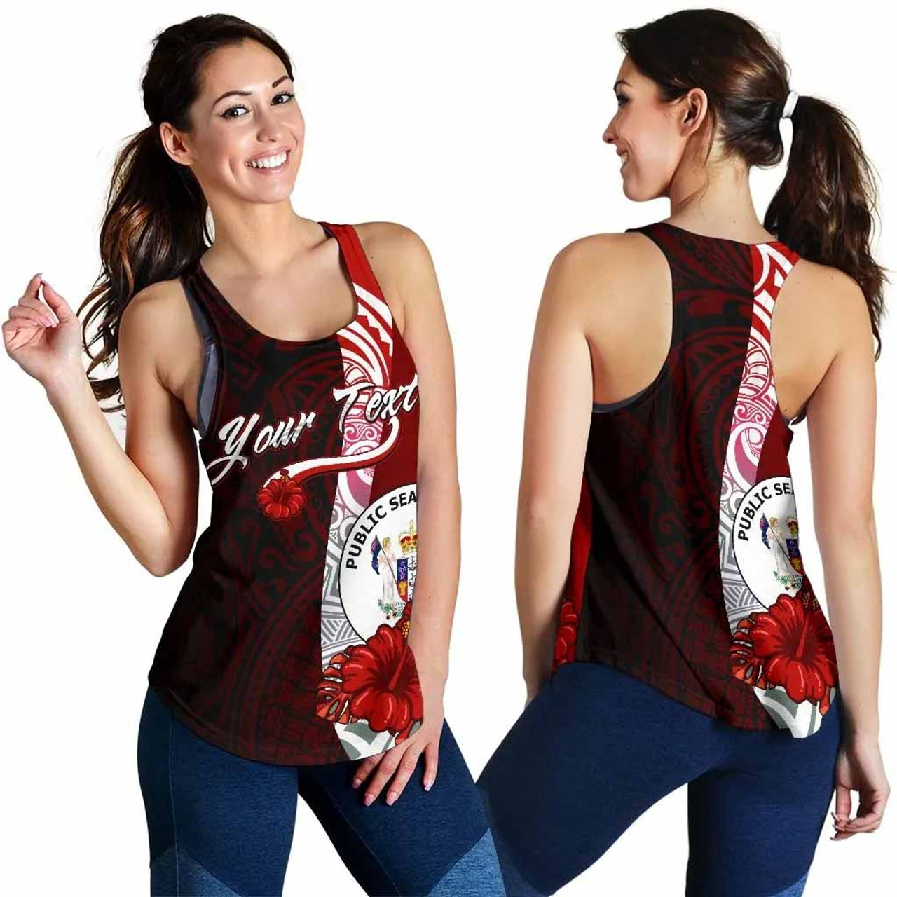 Niue Polynesian Custom Personalised Women Racerback Tank - Coat Of Arm With Hibiscus 1