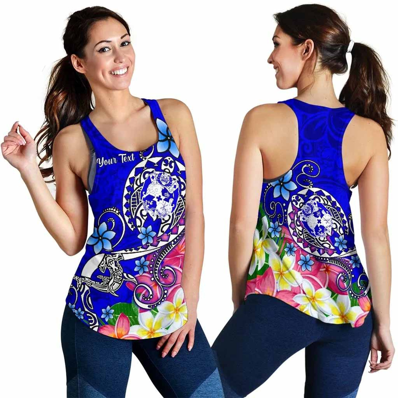 Tonga Custom Personalised Women Racerback Tank - Turtle Plumeria (Blue) 4